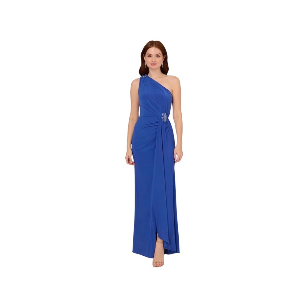 Alex Evening . Blue Draped One Shoulder Figure Flattering Jeweled Gown 14W